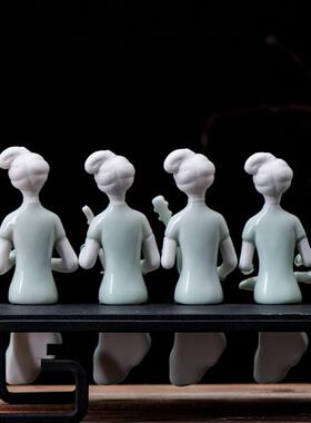 精品青瓷手工仕女陶瓷禅意人物中式博古架装饰品家居小电视柜摆件