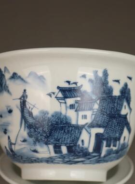 80年代青花江南水乡陶瓷花盆多肉菖蒲盆栽盆怀旧花盆仿古怀旧瓷器