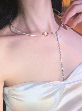 高级感超闪锆石水钻十字架流苏吊坠项圈不对称小众设计感开口项链