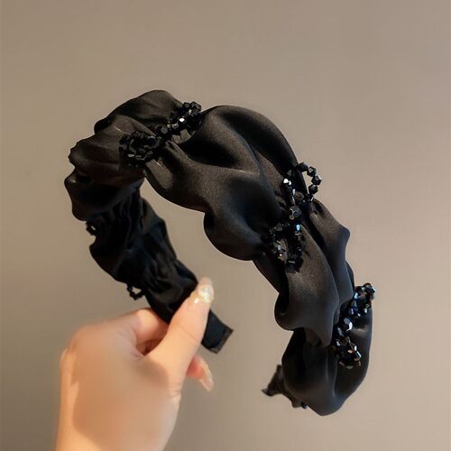 高级感缎面黑色水晶花朵结发箍女宽边褶皱高颅顶发卡2023新款发饰 - 图0