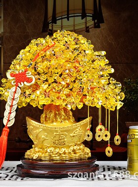 黄水晶摇钱树摆件小招财树家居创意酒柜家装饰品客厅电视柜发财树