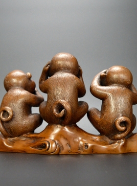 紫铜三不猴摆件铜猴子生肖礼品不听不看不说家居客厅办公桌摆设