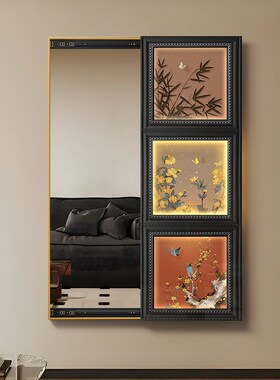 中古风入门玄关装饰画暗藏式全身镜壁画隐形推拉穿衣镜卧室挂画
