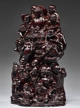 黑檀木雕十八罗汉摆件红木家居玄关降龙伏虎尊者实木质雕刻工艺品