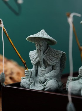 姜太公钓鱼摆件鱼缸造景盆景微景观布置道具中式青砂石茶台装饰品