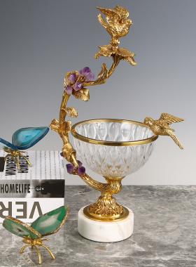 天然紫水晶石花奢华糖果盘黄铜树成双对鸟飞雀样板间茶几家居摆件