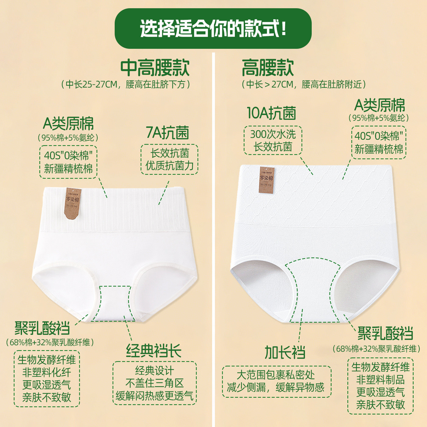 白色新疆原棉中高腰内裤A类婴儿棉7A抗菌聚乳酸裆不夹臀三角裤女