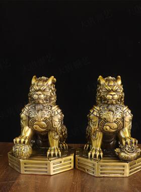 纯黄铜八卦麒麟一对摆件室内办公室麒麟踩八卦公母麒麟招财摆设