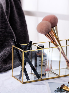 欧式黄铜化妆分类金色玻璃收纳盒桌面收化妆刷珍珠四格置物摆件