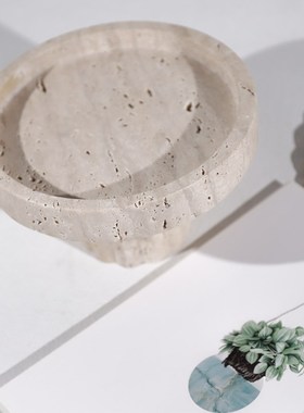 莫奈家居侘寂风黄洞石高脚托盘果盆香薰托盘样板间会所台面摆件