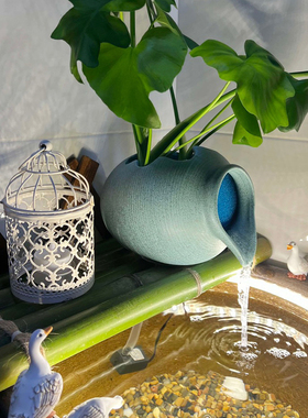 生态鱼缸装饰陶瓷流水罐摆件可种花造景增氧过滤水循环庭院田园大