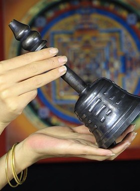 尼泊尔纯手工黄铜铃铛三清铃三叉铜铃铛摆件