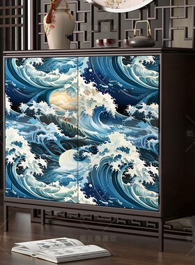复古蓝色海浪装饰客厅小柜子墙纸翻新斗柜改造家具贴纸自粘防水
