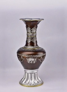 尼泊尔工艺古色合金喇叭口花瓶八吉祥花瓶826款家用装饰摆件