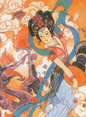 华三川百美图挂画伎乐图拍鼓舞龙图卷轴画敦煌仕女客厅装饰丝绸画