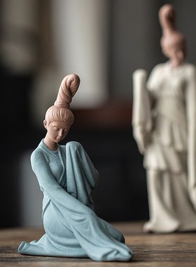 中式紫砂仕女禅意摆件国风工艺品创意客厅博古架茶室茶桌面装饰品