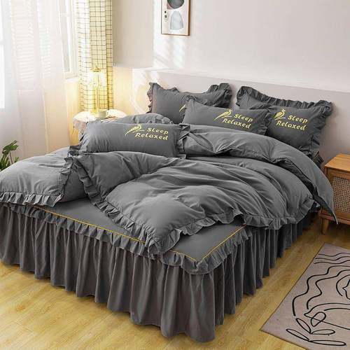 韩版四件套公HSG主风亲肤棉床裙夏花花边被套边罩纯季色床床上用 - 图1