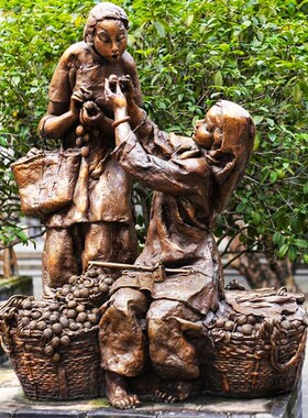 民俗民风小品定制玻璃钢卖荔枝品尝水果人物雕塑铸铜户外落地摆件