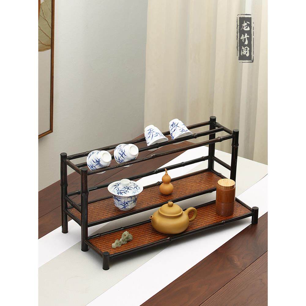Purple bamboo double-layer tea cup rack bamboo tea set rack cup drying rack tea cup holder household tea set teapot storage display rack