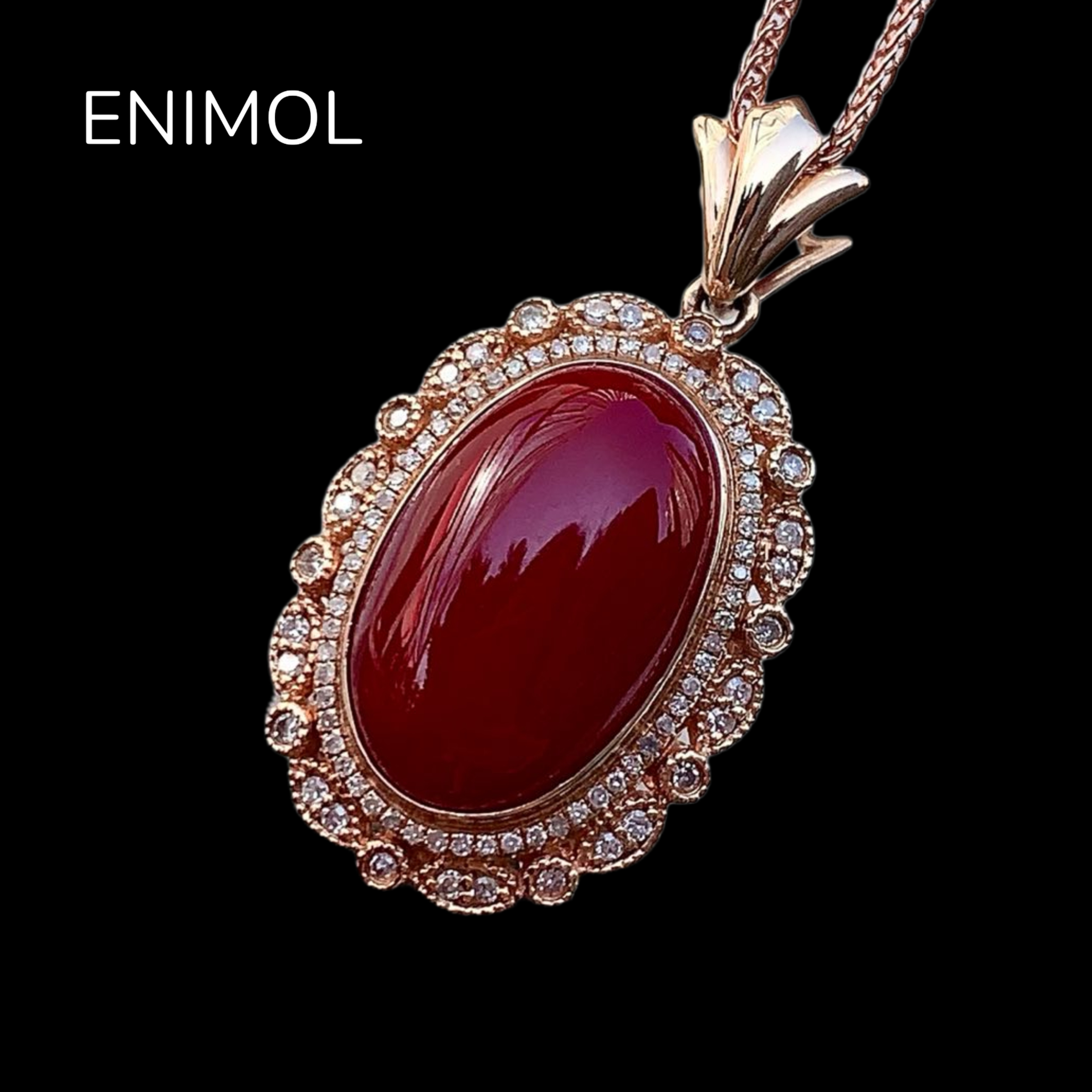ENIMOL日本aka阿卡珊瑚牛血色蛋面吊坠18k金钻石镶嵌低调奢华好礼,淘宝优惠券,粉丝福利购,淘宝优惠卷