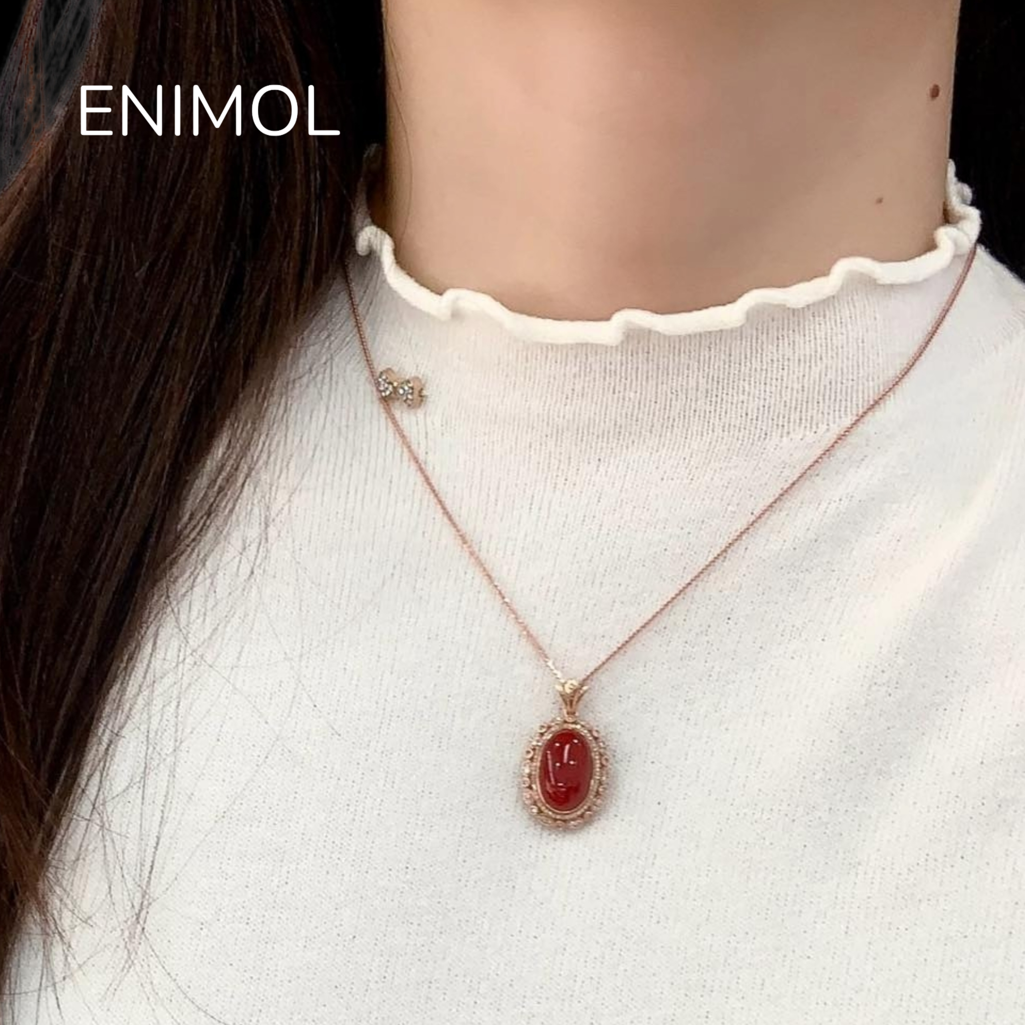 ENIMOL日本aka阿卡珊瑚牛血色蛋面吊坠18k金钻石镶嵌低调奢华好礼,淘宝优惠券,粉丝福利购,淘宝优惠卷