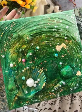 谨若diy海洋沙滩贝壳肌理画石英砂丙烯画创意儿童手工大海装饰画