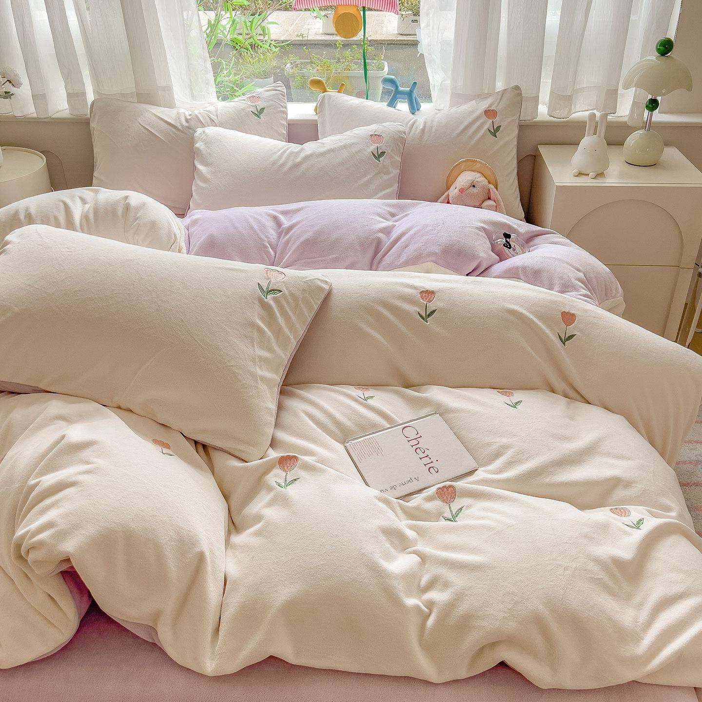 A类母婴级加厚刺绣蝴蝶结牛奶四件套高克重双面绒被套宿舍三件套,淘宝优惠券,粉丝福利购,淘宝优惠卷