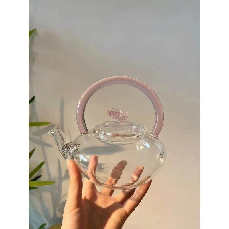 高硼硅玻璃泡茶壶高透亮茶具 电陶炉煮茶壶 粉色蝴蝶提梁壶,淘宝优惠券,粉丝福利购,淘宝优惠卷