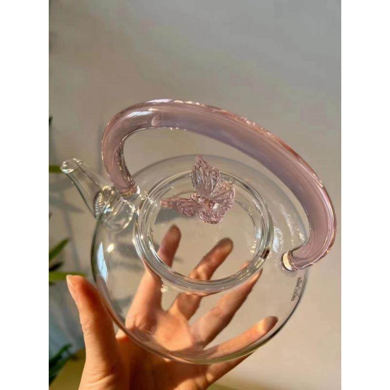 高硼硅玻璃泡茶壶高透亮茶具 电陶炉煮茶壶 粉色蝴蝶提梁壶,淘宝优惠券,粉丝福利购,淘宝优惠卷