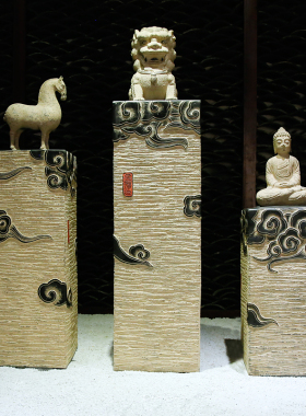 中式仿古祥云展示柱落地摆件过道玄关装饰盆景摆设底座仿石拴马桩