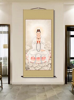 合掌观音结缘画像佛家观世音菩萨神像挂画客厅家用供奉丝绸装饰画