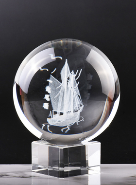 水晶球3D内雕船一帆风顺家居饰品玄关桌面摆件乔迁新居开业送礼品