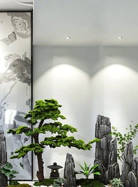 室内大型中庭景观酒店大堂会所彷真迎客松造景天井形象墙装饰布置