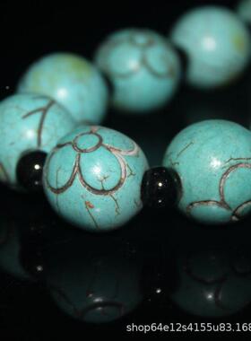 欧美古珠老子石优化绿松配花朵圆珠24珠珠串文玩配饰件古珠老珠