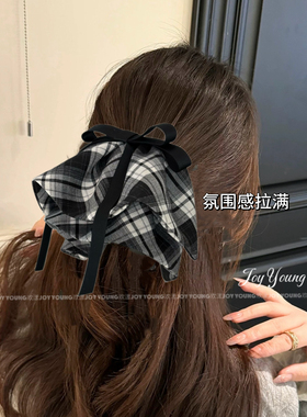 【黑白舞会】韩国进口学院风百搭格纹蝴蝶结马尾抓夹裙摆发饰