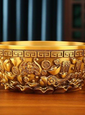 铜制聚宝盆黄铜八方来财聚宝盆五福如意元宝聚宝盆家居办公室摆件