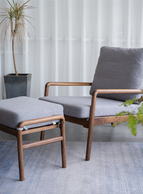 北美黑胡桃木布艺休闲椅实木餐椅单人沙发椅家用中式躺椅极简书椅