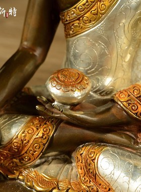 释迦摩尼佛摆件 尼泊尔手工10寸紫铜镀金镀银雕花客厅释迦牟尼佛