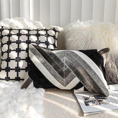现代简约高级黑白色牛皮羊毛拼接抱枕客厅沙发样板间卧室民宿靠枕 - 图0
