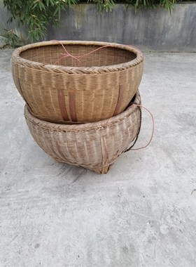 民俗老物件老挑担竹筐怀旧扁担挑筐农家院复古装饰老农具道具摆件