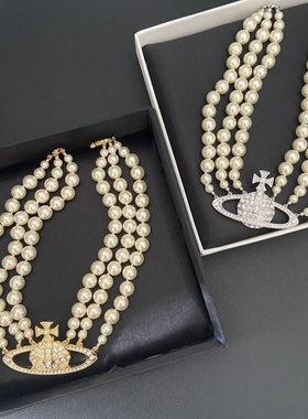 【官网正品】西太后经典款三层珍珠土星满钻项链明星nana同款女