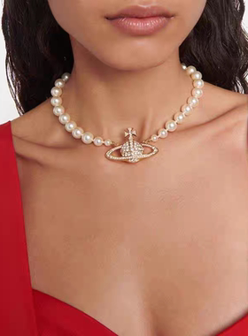 【官网正品】西太后大土星珍珠项链满钻土星锁骨链明星同款