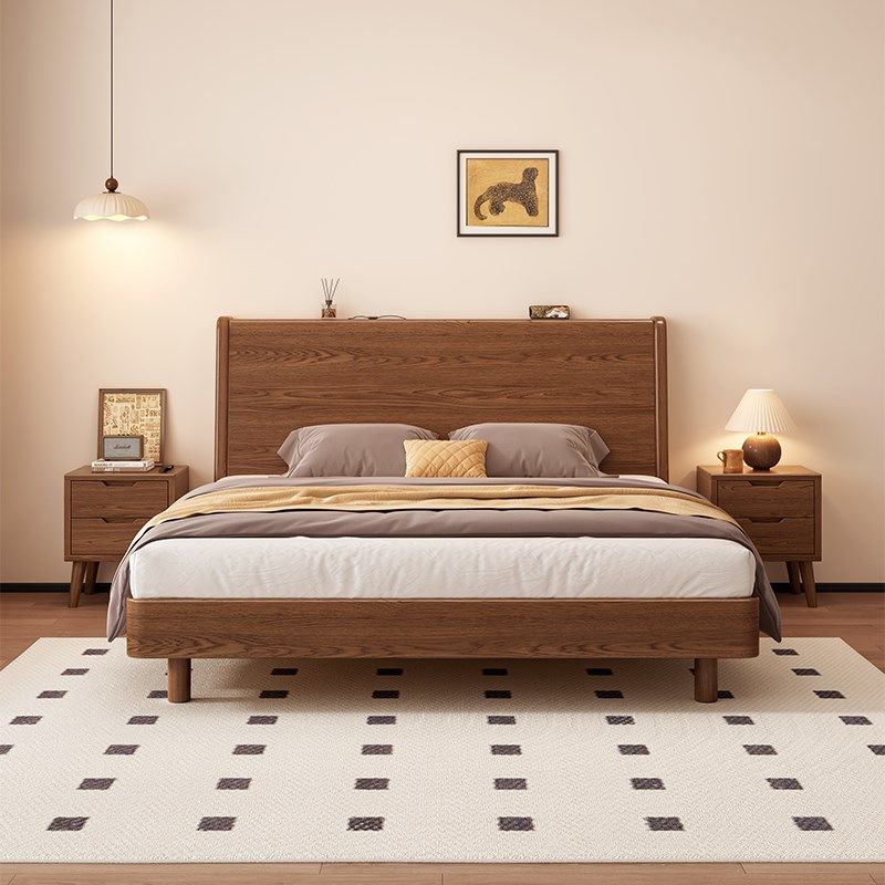 实木床1米8双人床现代简约1米5大床家用主卧橡胶木出租房用单人床 - 图1