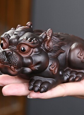 紫陶招财貔貅摆件家居饰品手工客厅办公室玄关茶桌面摆设茶宠茶玩