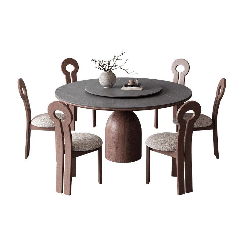 白蜡木岩板餐桌椅组合简约小户型家用圆桌带转盘中古风餐厅饭桌 - 图3