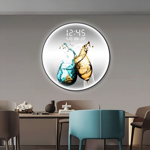 酒杯餐厅装饰画电子屏钟表饭厅餐桌背景墙挂画创意圆形时钟壁灯画 - 图1