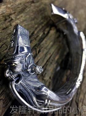 高档男款气黑白无常开霸口手镯S92纯银七爷爷一见生5财八天下太平