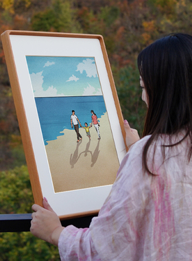 原木风一家三口家庭温馨装饰画治愈系卡通卧室餐厅儿童房床头挂画