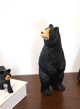 大黑熊手工木雕小摆件木质雕刻卡通治愈系创意可爱办公桌面装饰品