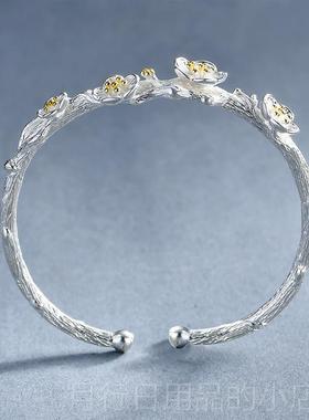 正品气质国风设计简约清中手新S92纯5银枝干樱花手镯女开口环文艺